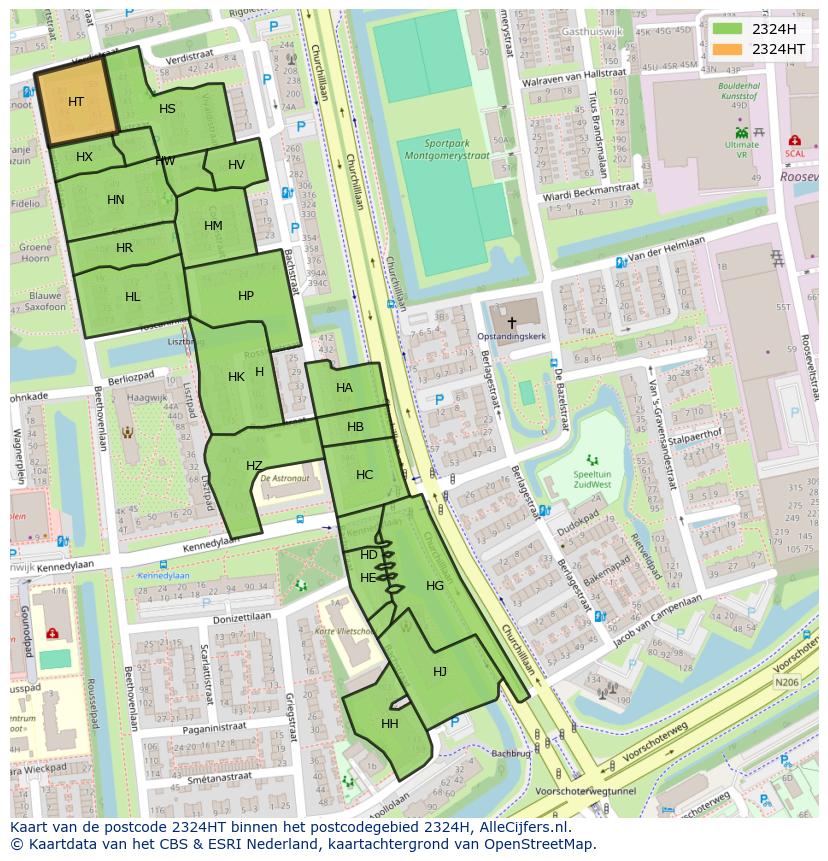 Afbeelding van het postcodegebied 2324 HT op de kaart.