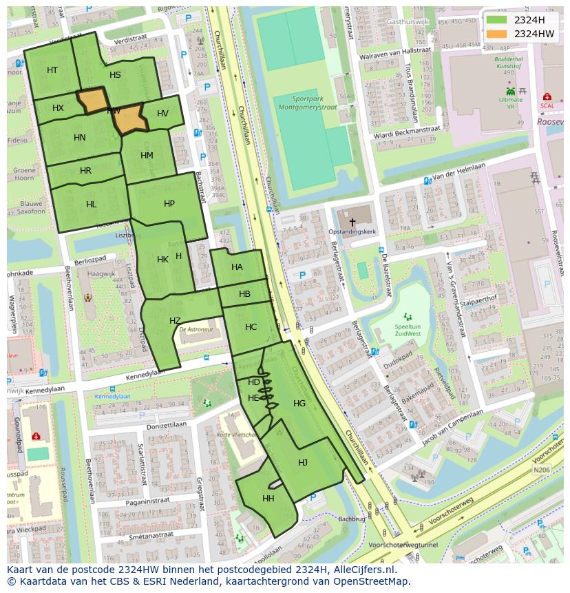Afbeelding van het postcodegebied 2324 HW op de kaart.