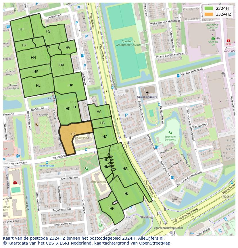 Afbeelding van het postcodegebied 2324 HZ op de kaart.