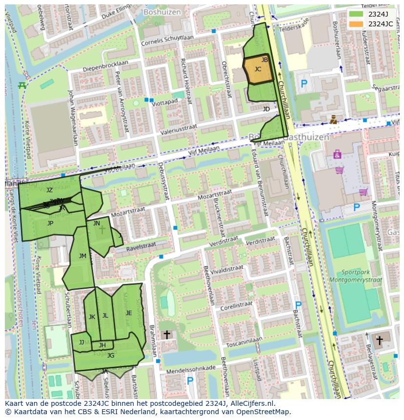 Afbeelding van het postcodegebied 2324 JC op de kaart.