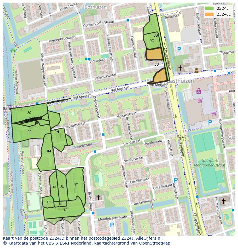 Afbeelding van het postcodegebied 2324 JD op de kaart.