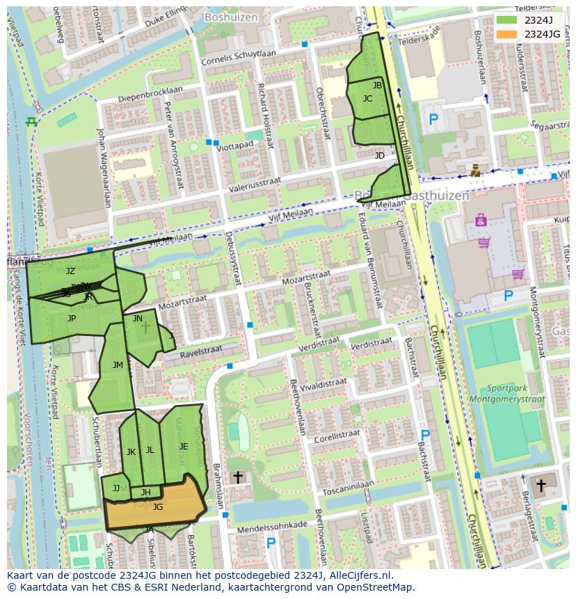 Afbeelding van het postcodegebied 2324 JG op de kaart.