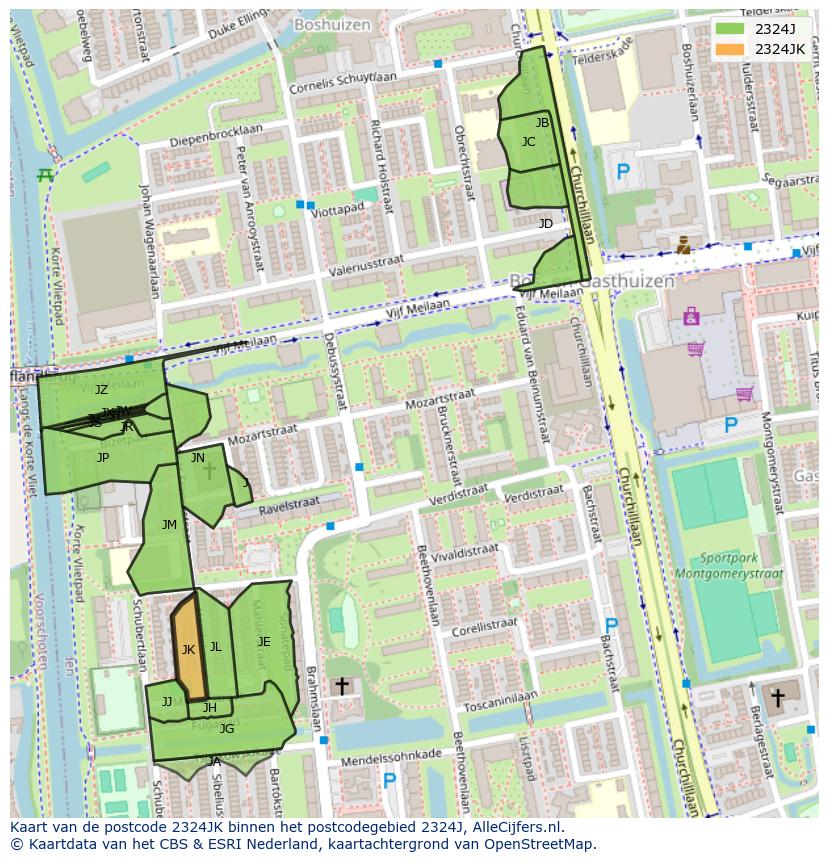 Afbeelding van het postcodegebied 2324 JK op de kaart.