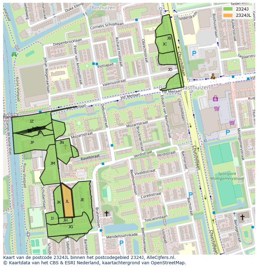 Afbeelding van het postcodegebied 2324 JL op de kaart.