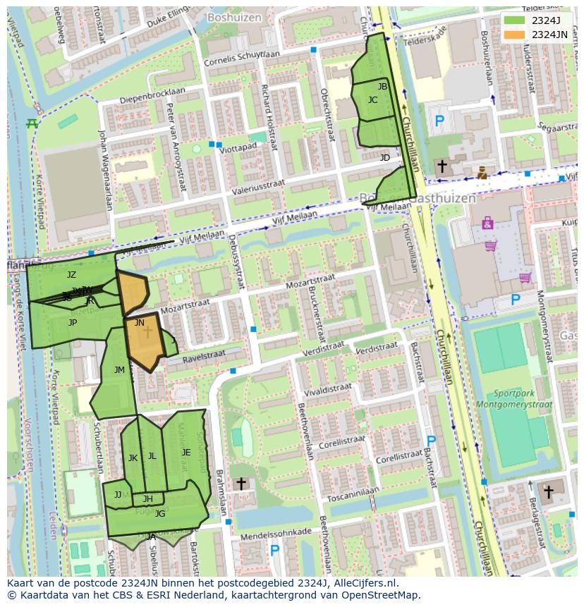Afbeelding van het postcodegebied 2324 JN op de kaart.