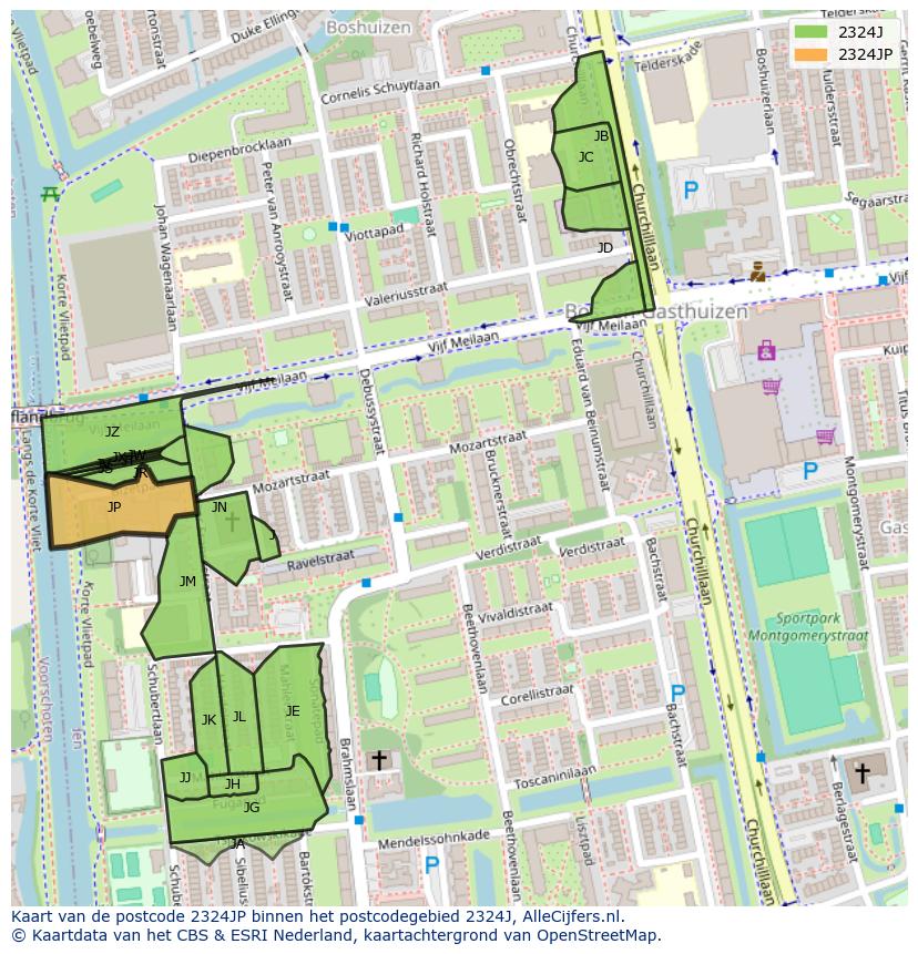 Afbeelding van het postcodegebied 2324 JP op de kaart.
