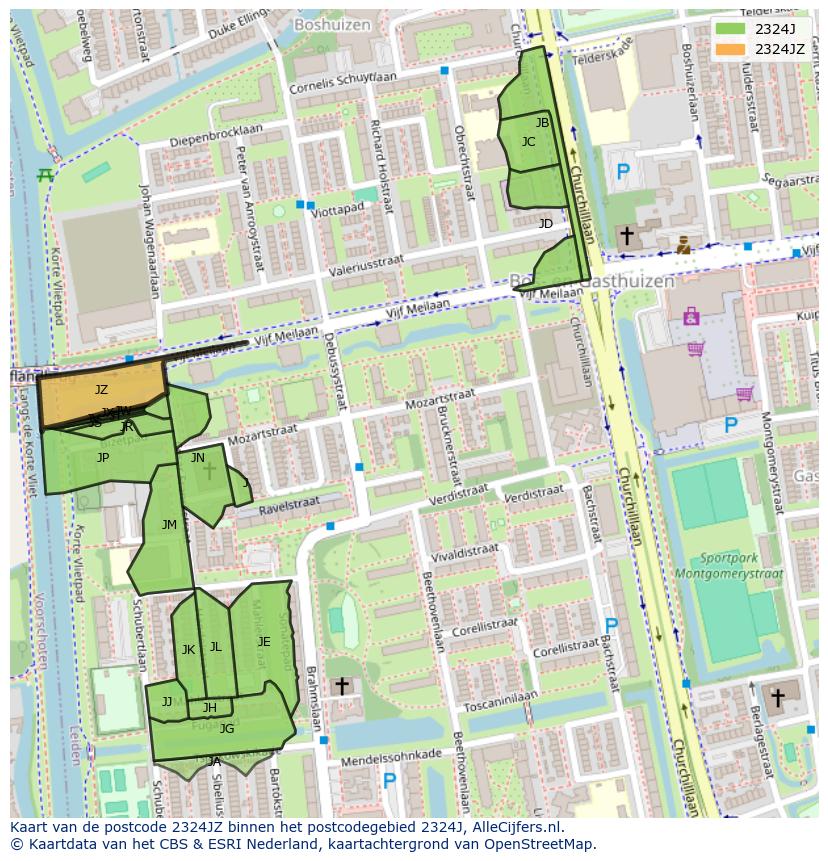 Afbeelding van het postcodegebied 2324 JZ op de kaart.