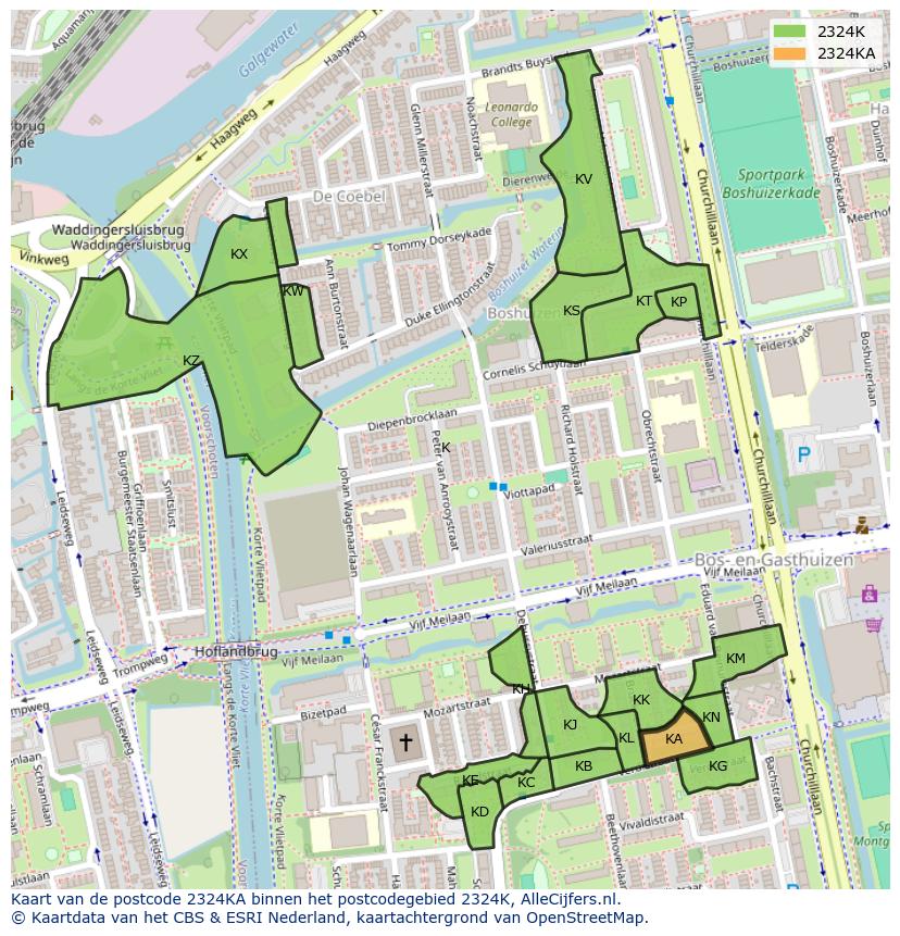 Afbeelding van het postcodegebied 2324 KA op de kaart.