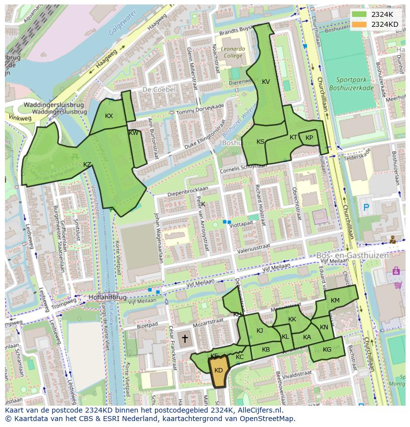 Afbeelding van het postcodegebied 2324 KD op de kaart.
