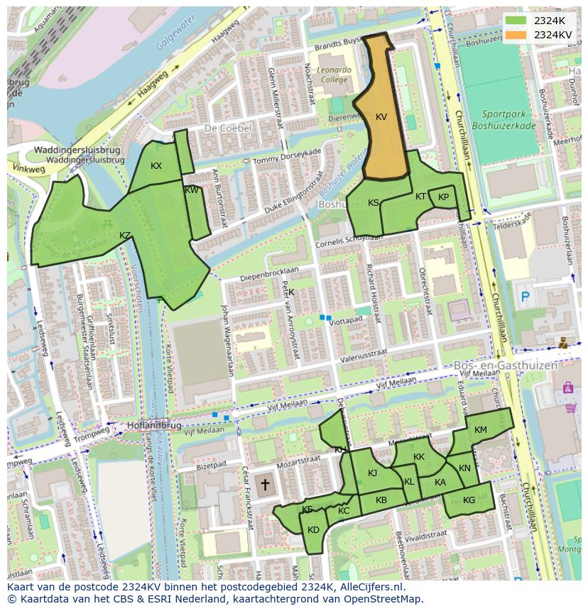 Afbeelding van het postcodegebied 2324 KV op de kaart.