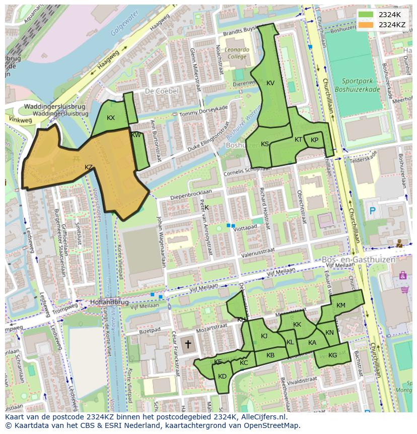 Afbeelding van het postcodegebied 2324 KZ op de kaart.