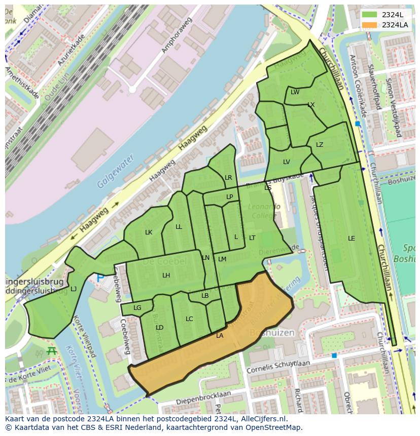 Afbeelding van het postcodegebied 2324 LA op de kaart.