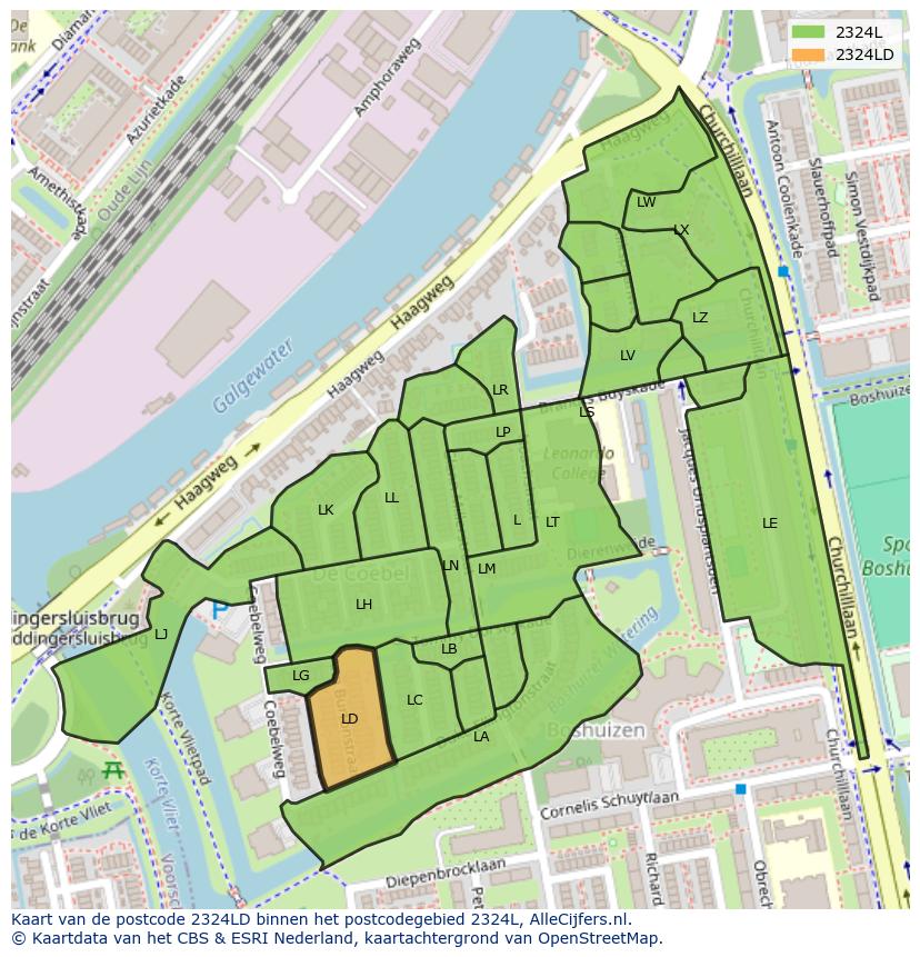 Afbeelding van het postcodegebied 2324 LD op de kaart.