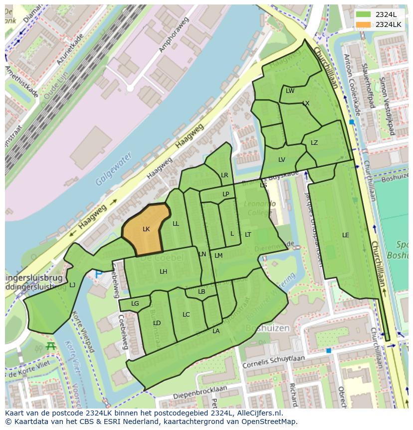 Afbeelding van het postcodegebied 2324 LK op de kaart.