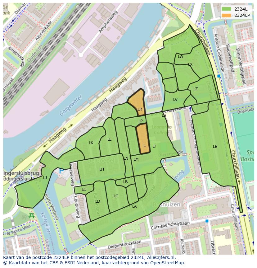 Afbeelding van het postcodegebied 2324 LP op de kaart.