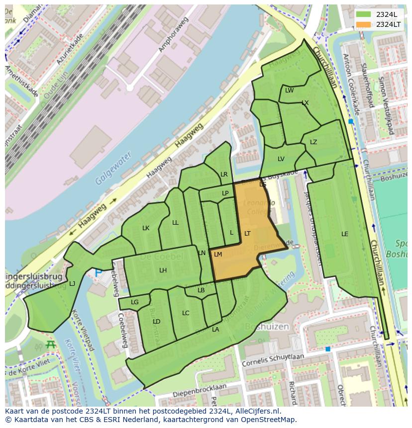 Afbeelding van het postcodegebied 2324 LT op de kaart.