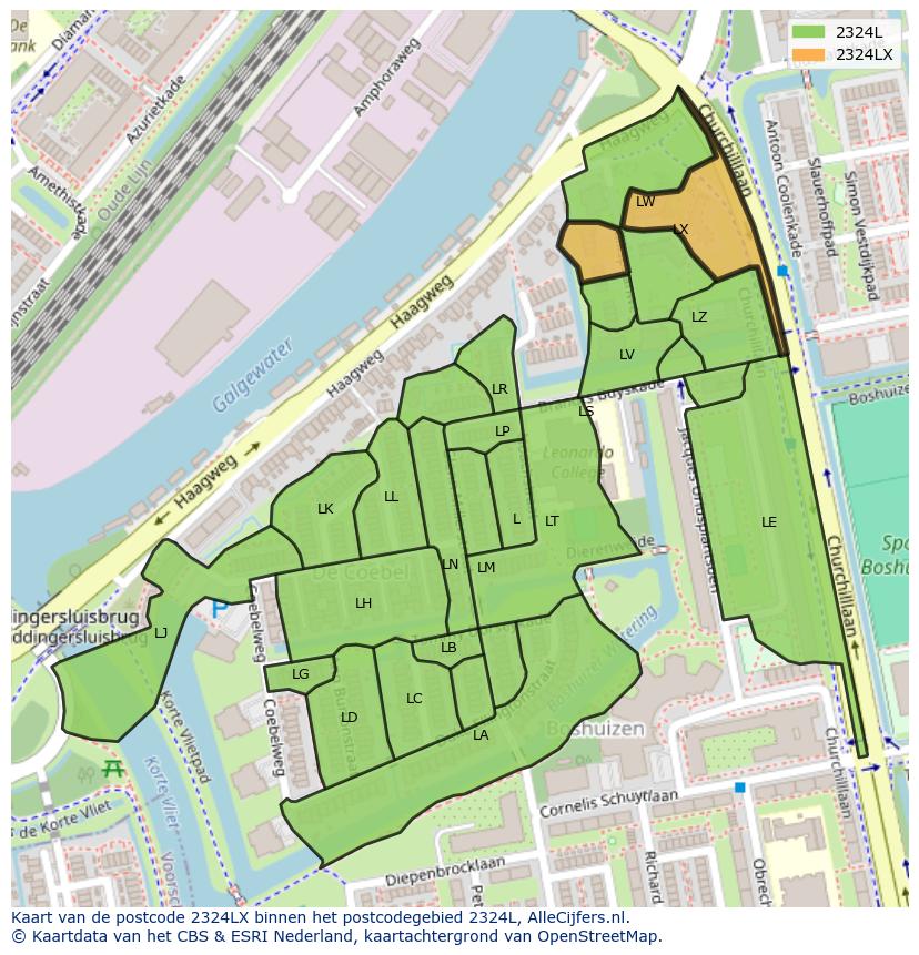 Afbeelding van het postcodegebied 2324 LX op de kaart.