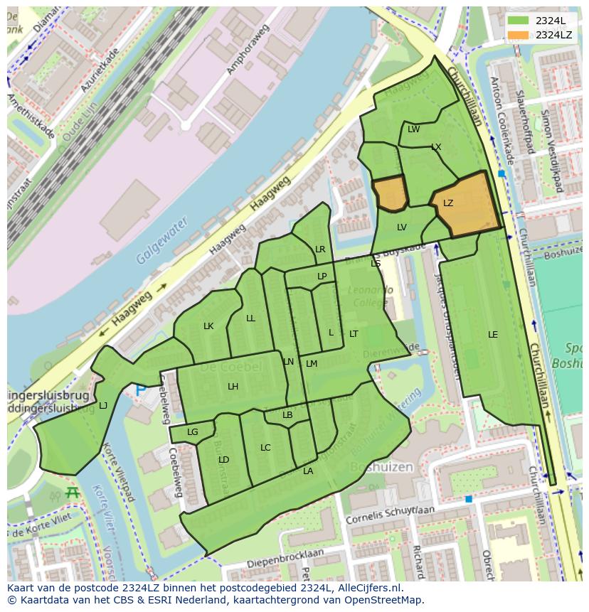 Afbeelding van het postcodegebied 2324 LZ op de kaart.