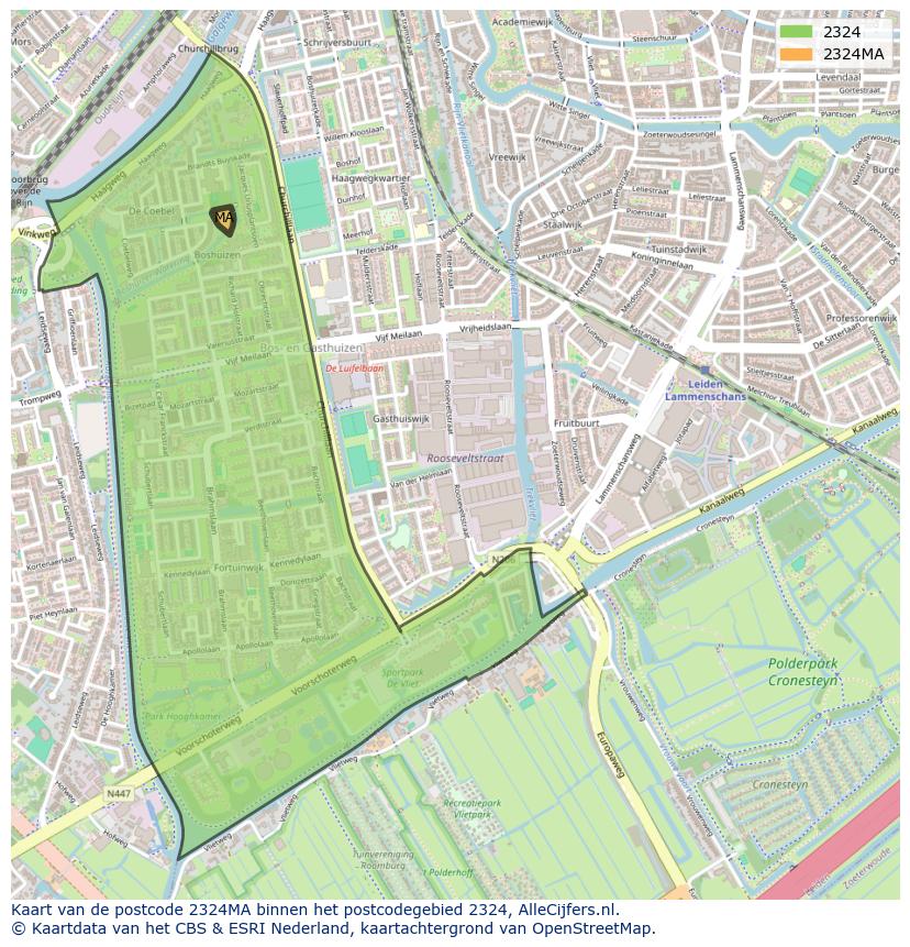 Afbeelding van het postcodegebied 2324 MA op de kaart.