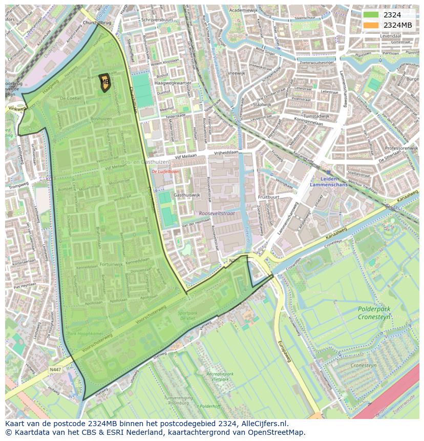 Afbeelding van het postcodegebied 2324 MB op de kaart.