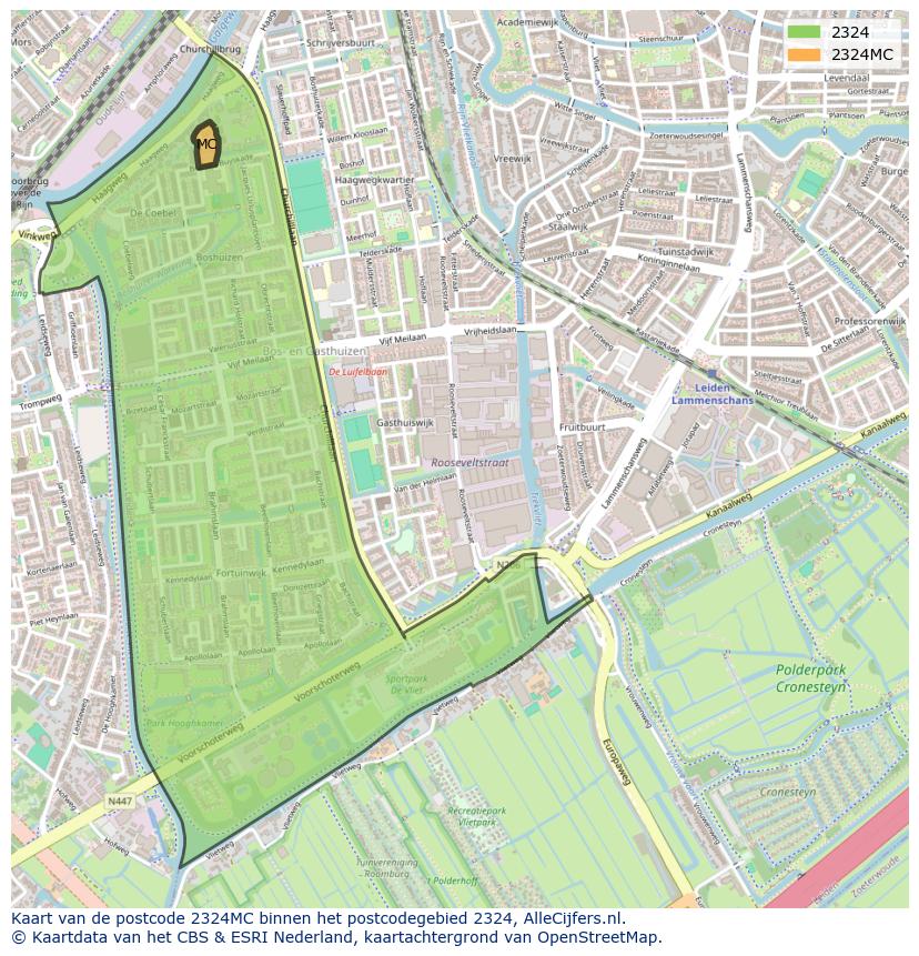 Afbeelding van het postcodegebied 2324 MC op de kaart.
