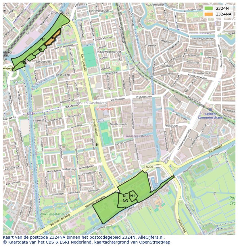 Afbeelding van het postcodegebied 2324 NA op de kaart.