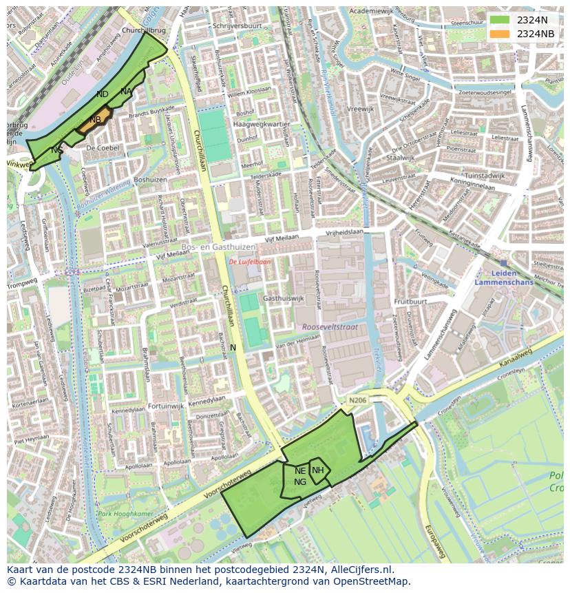Afbeelding van het postcodegebied 2324 NB op de kaart.