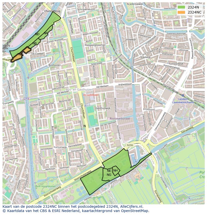 Afbeelding van het postcodegebied 2324 NC op de kaart.