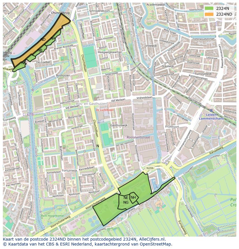 Afbeelding van het postcodegebied 2324 ND op de kaart.
