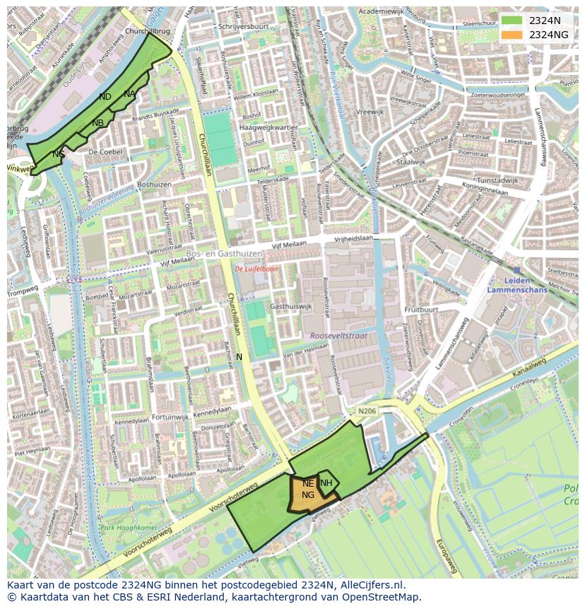 Afbeelding van het postcodegebied 2324 NG op de kaart.