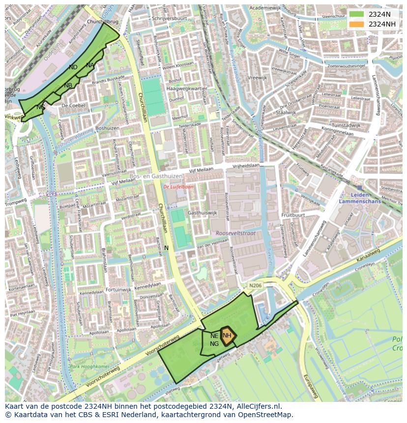 Afbeelding van het postcodegebied 2324 NH op de kaart.