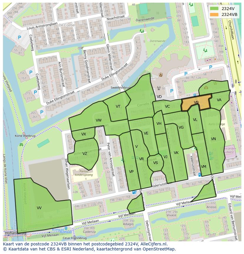 Afbeelding van het postcodegebied 2324 VB op de kaart.