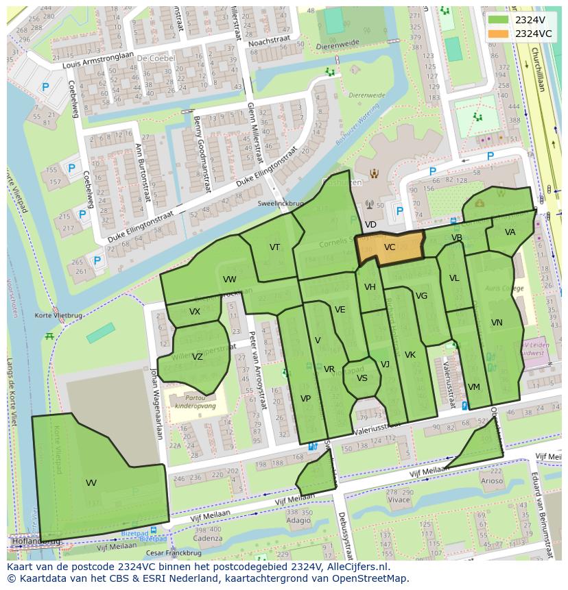 Afbeelding van het postcodegebied 2324 VC op de kaart.