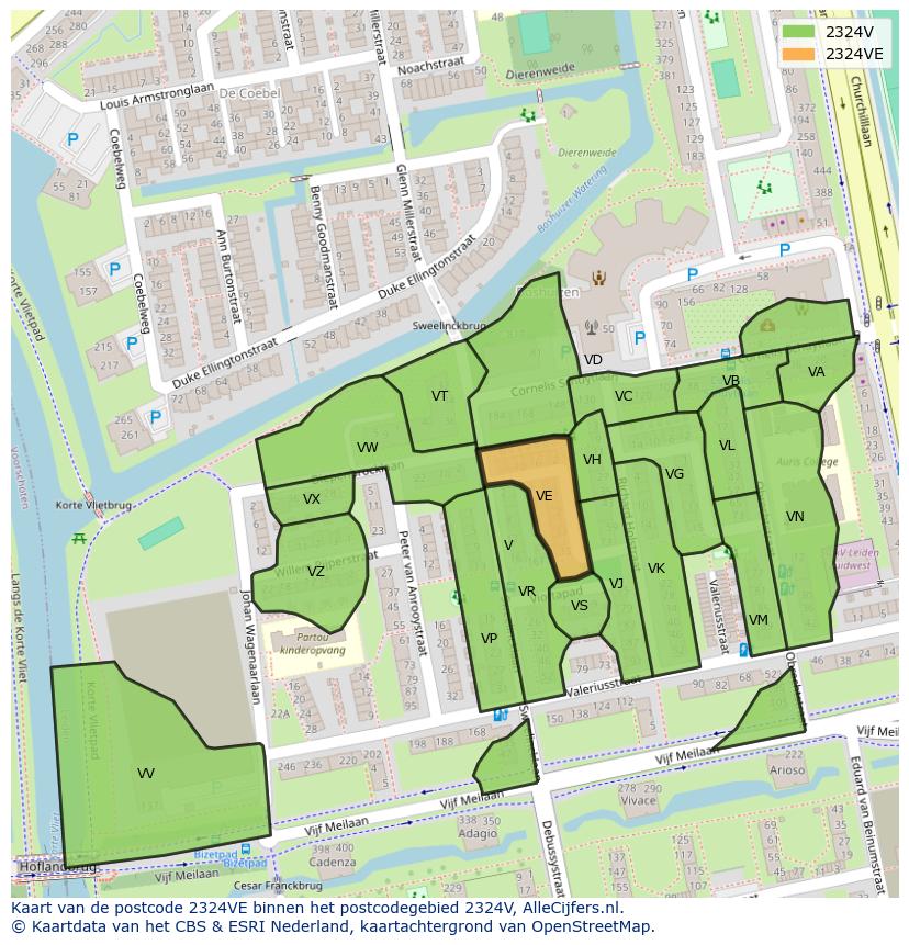 Afbeelding van het postcodegebied 2324 VE op de kaart.