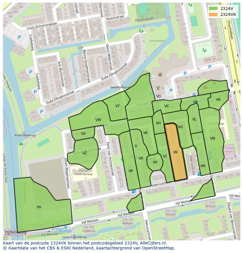 Afbeelding van het postcodegebied 2324 VK op de kaart.