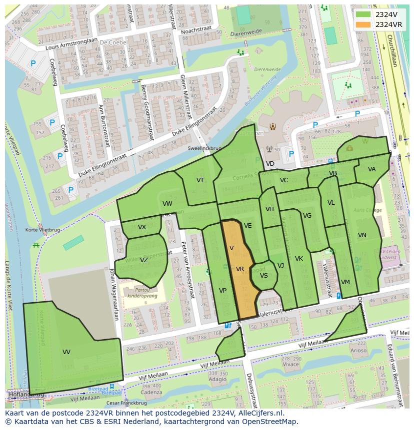 Afbeelding van het postcodegebied 2324 VR op de kaart.