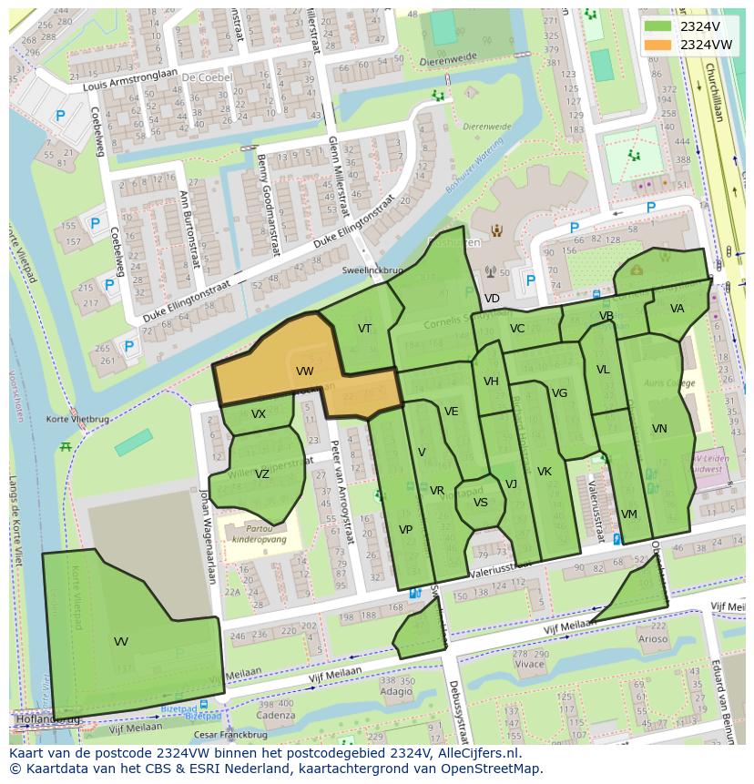 Afbeelding van het postcodegebied 2324 VW op de kaart.
