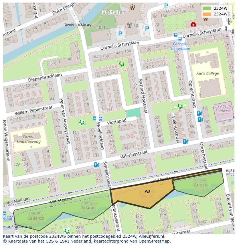 Afbeelding van het postcodegebied 2324 WS op de kaart.