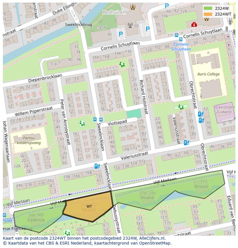 Afbeelding van het postcodegebied 2324 WT op de kaart.