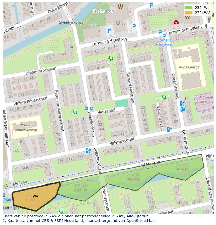Afbeelding van het postcodegebied 2324 WV op de kaart.