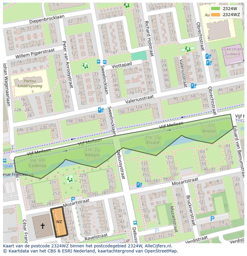 Afbeelding van het postcodegebied 2324 WZ op de kaart.