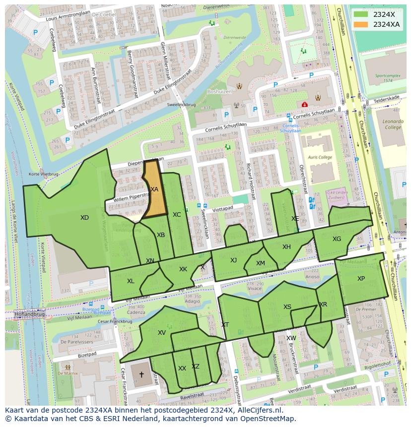 Afbeelding van het postcodegebied 2324 XA op de kaart.