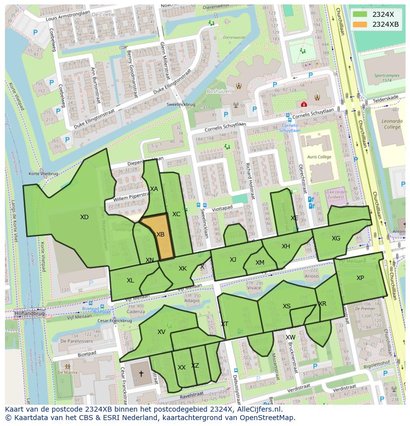 Afbeelding van het postcodegebied 2324 XB op de kaart.
