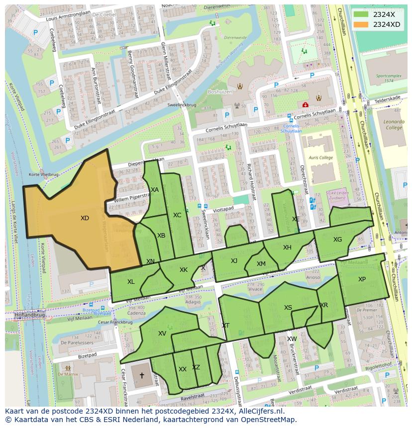Afbeelding van het postcodegebied 2324 XD op de kaart.