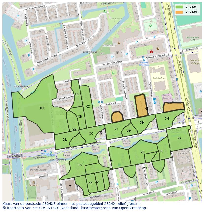 Afbeelding van het postcodegebied 2324 XE op de kaart.