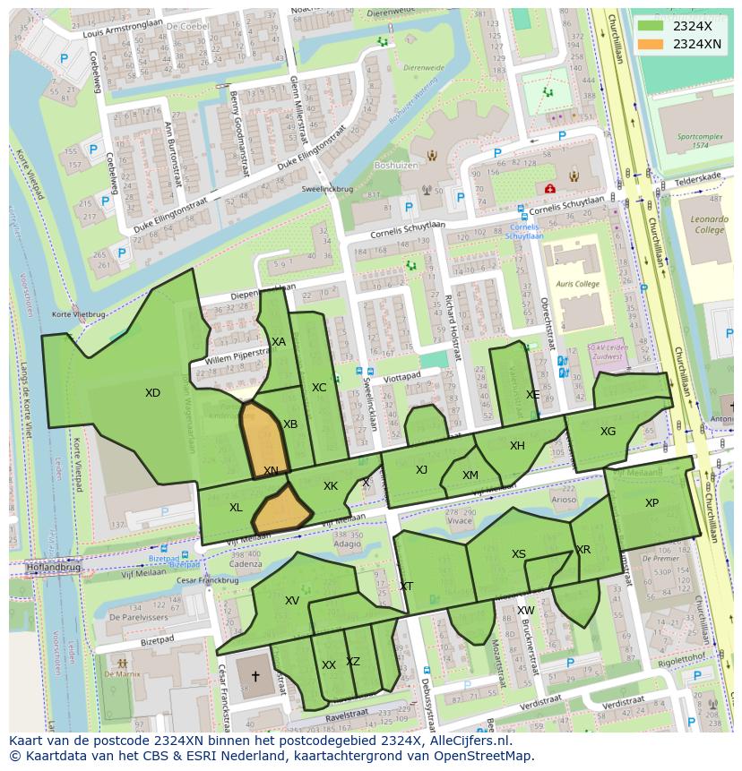 Afbeelding van het postcodegebied 2324 XN op de kaart.