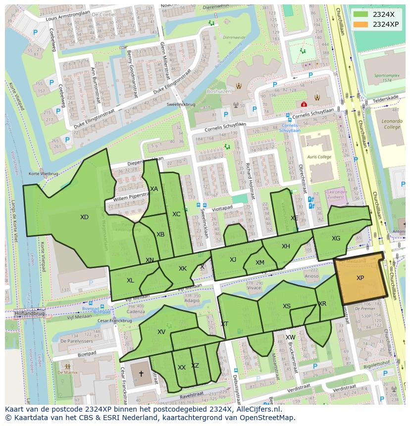 Afbeelding van het postcodegebied 2324 XP op de kaart.