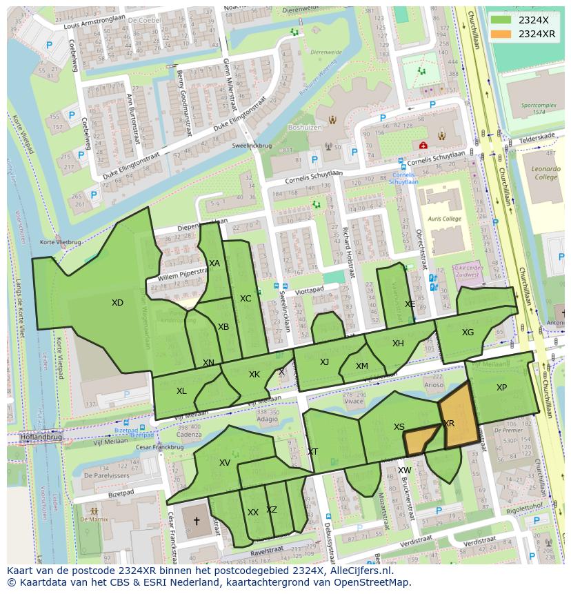 Afbeelding van het postcodegebied 2324 XR op de kaart.