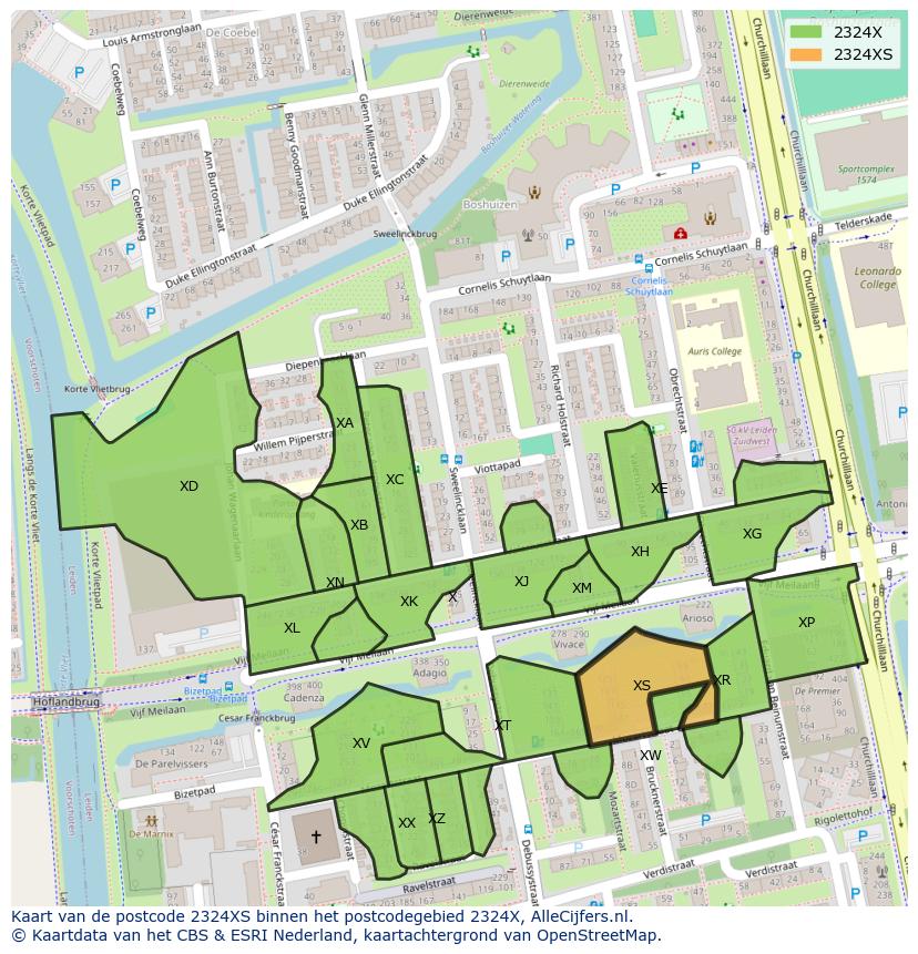 Afbeelding van het postcodegebied 2324 XS op de kaart.