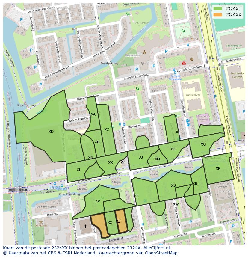 Afbeelding van het postcodegebied 2324 XX op de kaart.